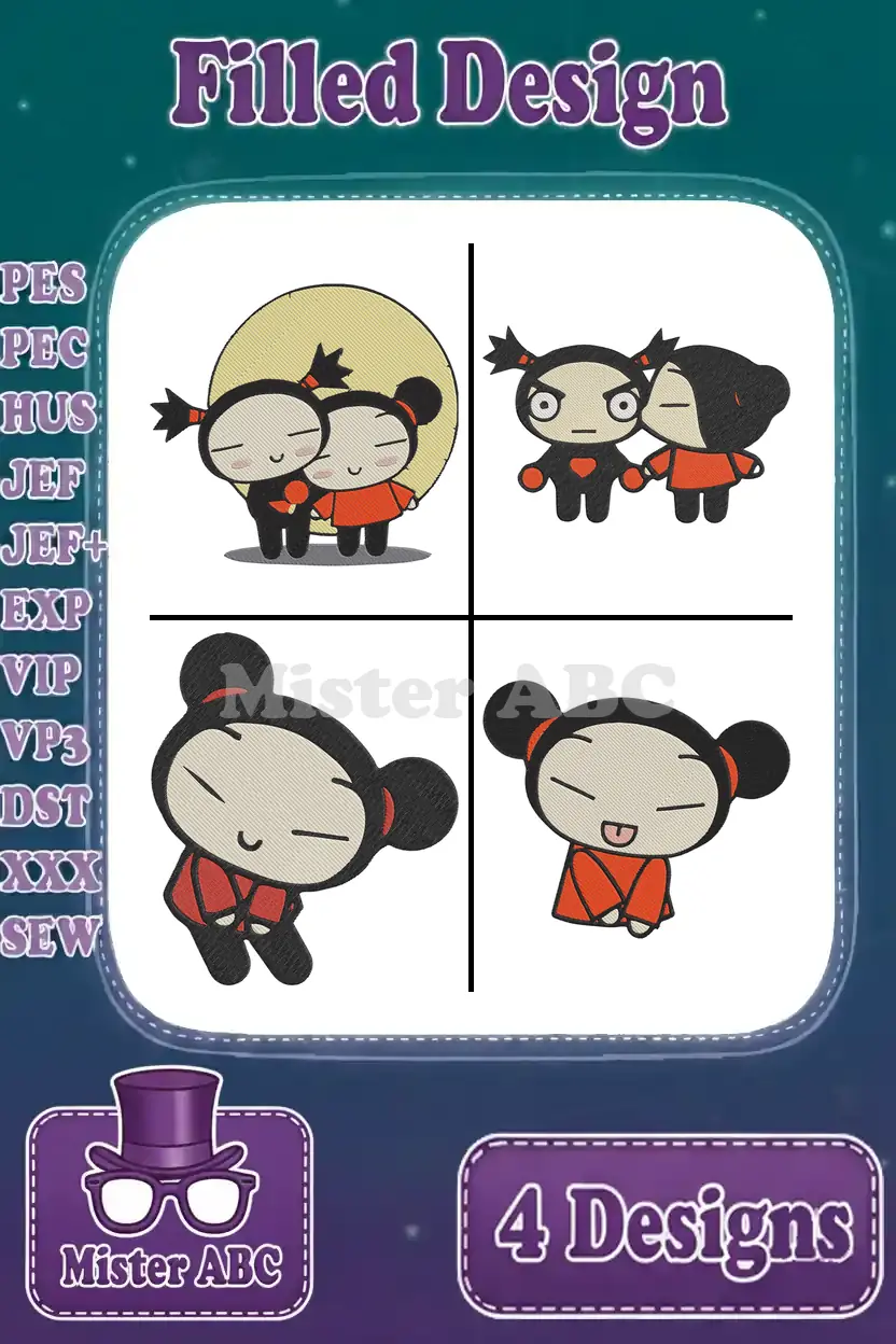 A vibrant display of four filled embroidery designs featuring charming Pucca and Garu characters in various playful poses.