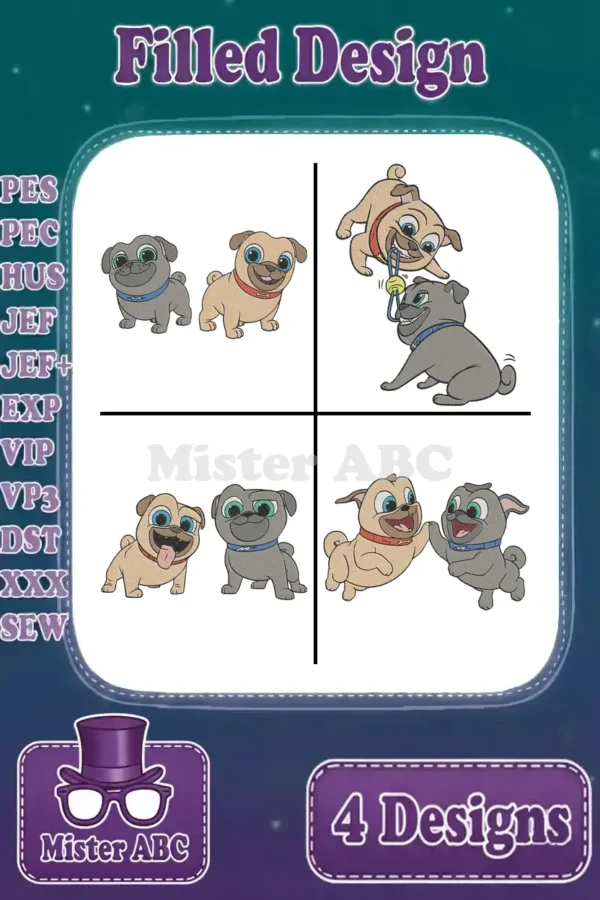 A vibrant image displaying four distinct filled embroidery designs of Bingo and Rolly from Puppy Dog Pals.
