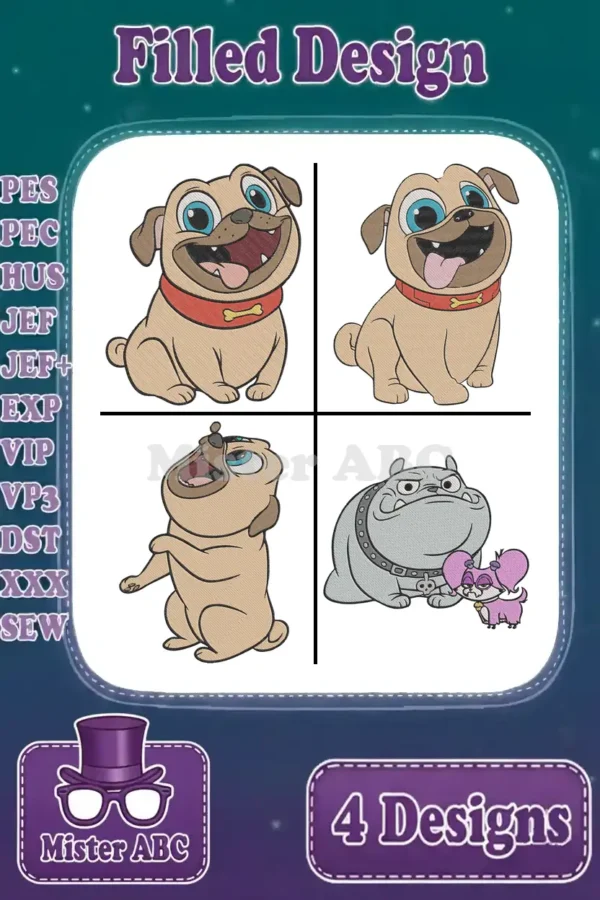 Four vibrant filled embroidery designs featuring animated puppy dog characters, including Pugs and a Bulldog, ready for stitching.