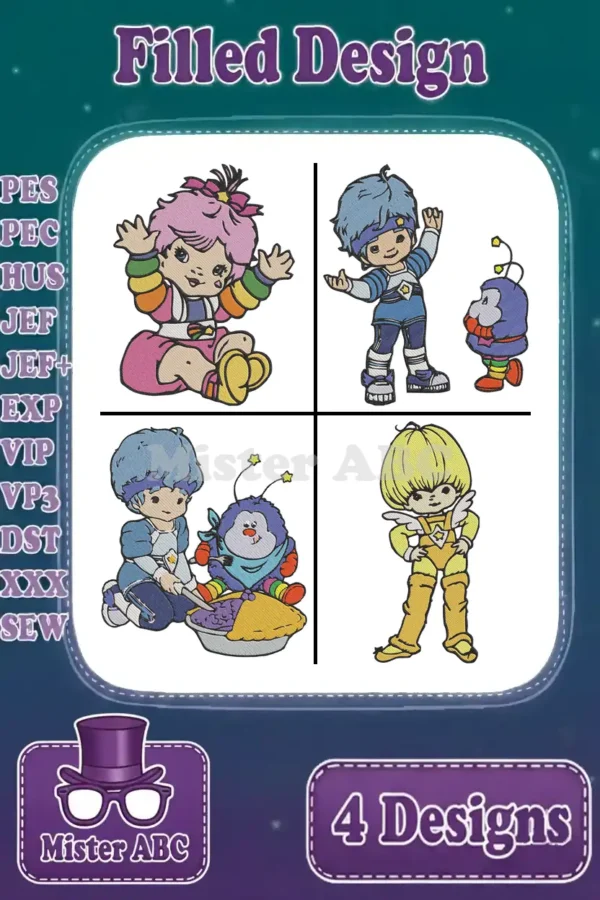 A vibrant collage showcasing four filled embroidery designs: Rainbow Brite, Red Butler with Twink, Buddy Blue, and Canary Yellow. Displays supported file formats PES, JEF, DST, and more.