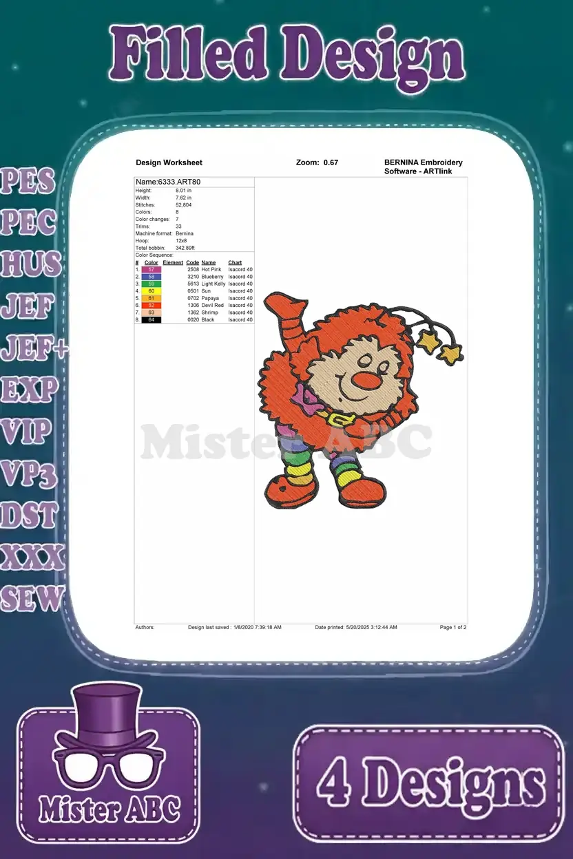 A comprehensive design worksheet for the standing Glo Worm embroidery pattern, detailing stitch information and colors.
