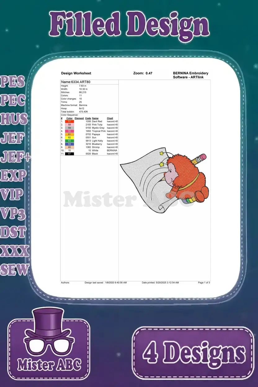 A detailed design worksheet for the writing Glo Worm embroidery pattern, including stitch data and color palette.