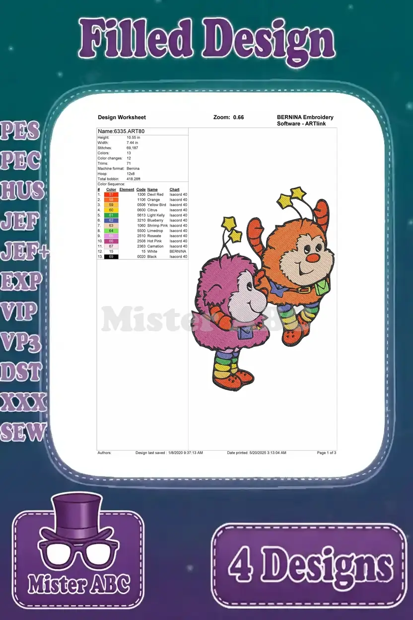 A comprehensive design worksheet for the Glo Worm and Glo Snugbug embroidery pattern, with stitch details and colors.