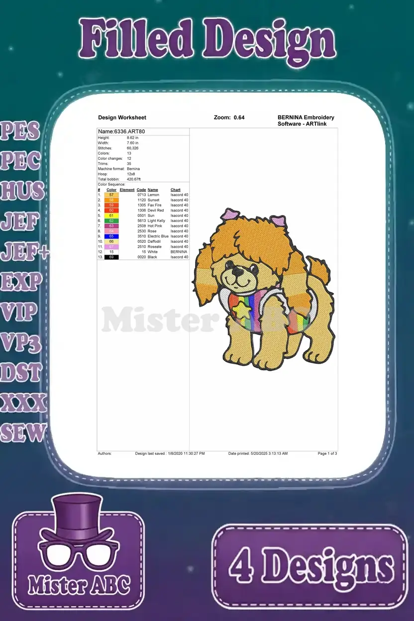 Detailed design worksheet for the Puppy Brite filled embroidery design, showing color sequence and thread chart.