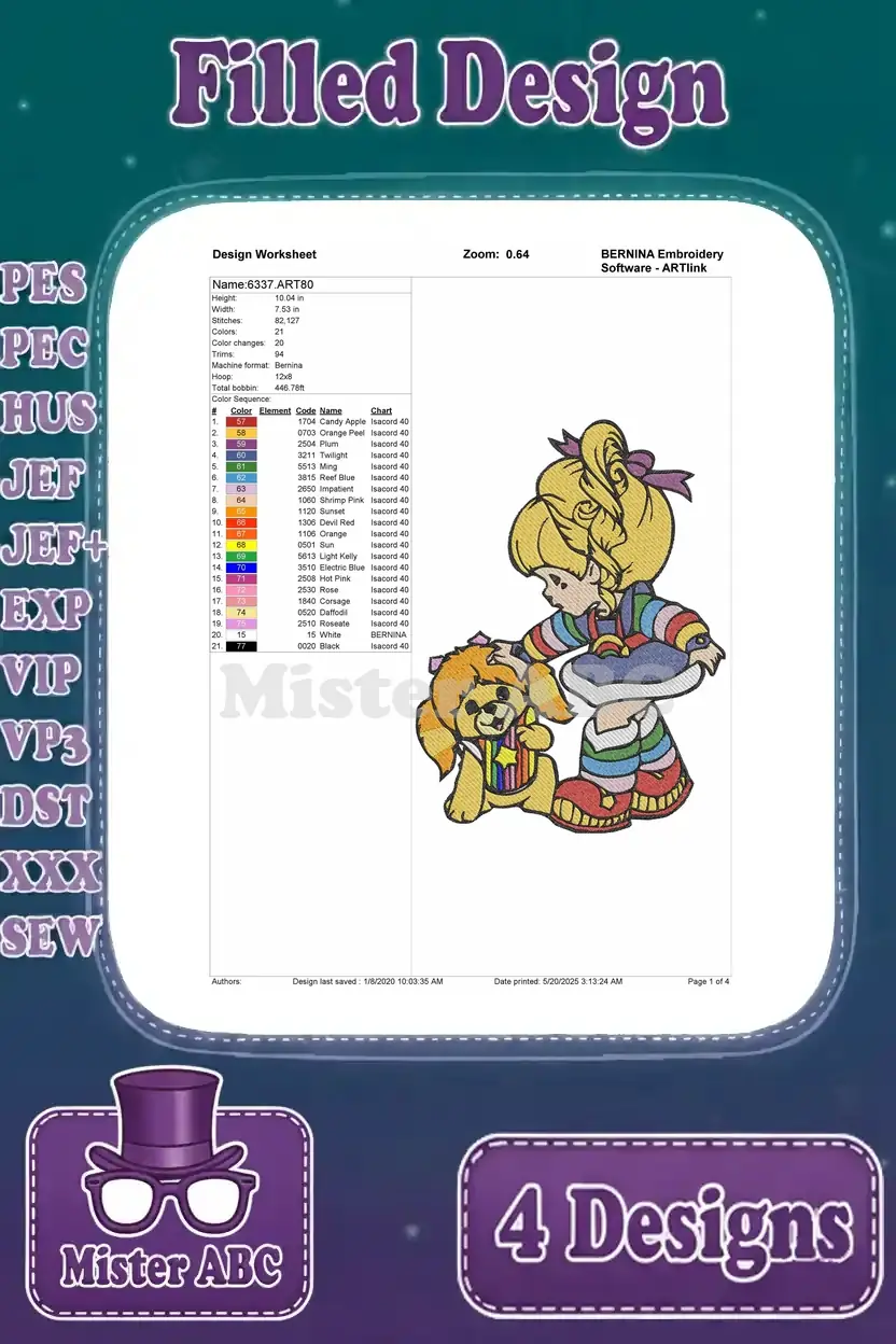 Detailed design worksheet for Rainbow Brite and Puppy Brite together, showing color sequence and thread chart.