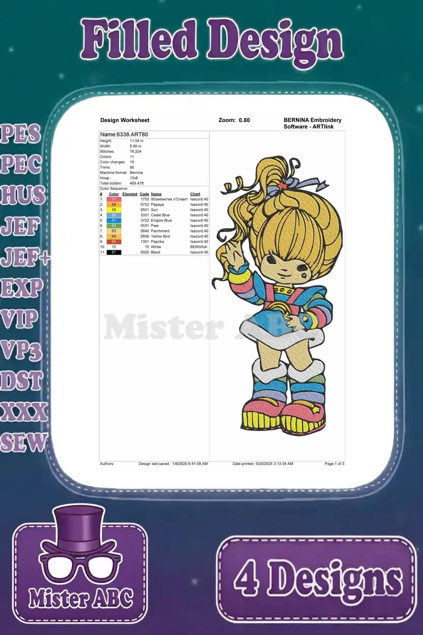 Detailed design worksheet for the standing Rainbow Brite filled embroidery design, showing color sequence and thread chart.