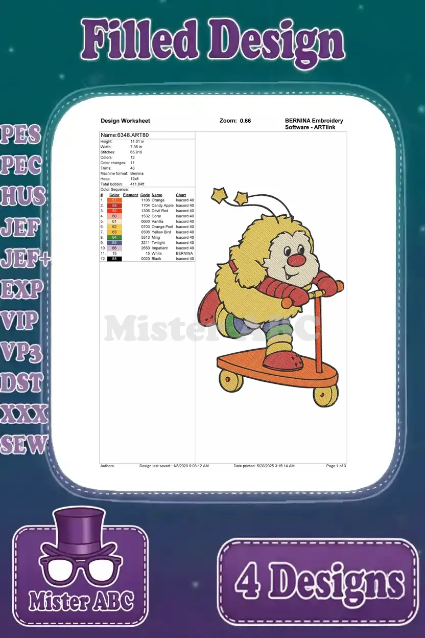 Embroidery design worksheet for a filled bee character on a scooter, showing stitch count, colors, and thread details.