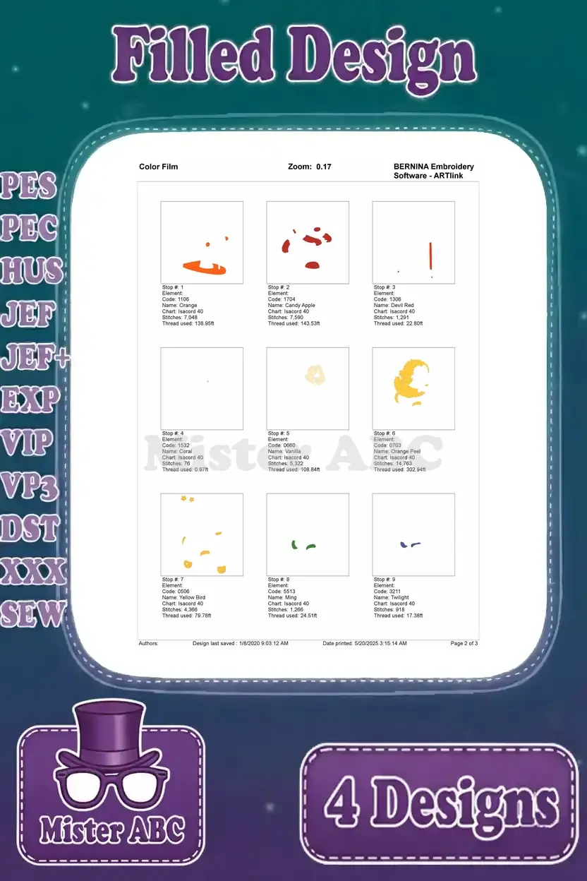 First part of the color film for the bee on a scooter embroidery design, showing initial thread color stops and patterns.