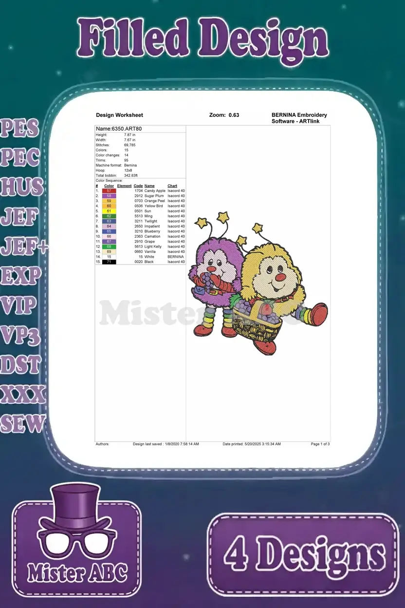Embroidery design worksheet for two filled bee characters holding a basket, with stitch count, colors, and thread data.