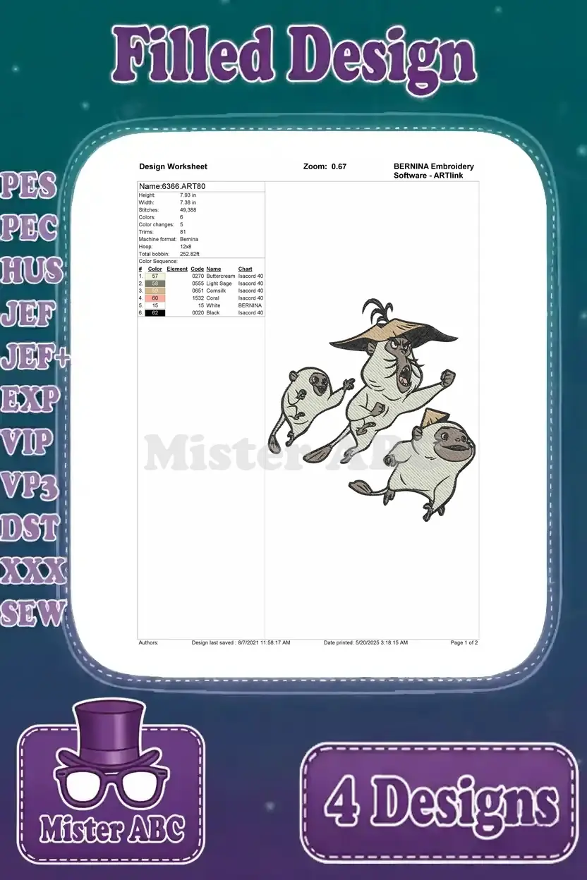 Detailed design worksheet for the Boun and three Ongis embroidery pattern, showing stitch count and color sequence.