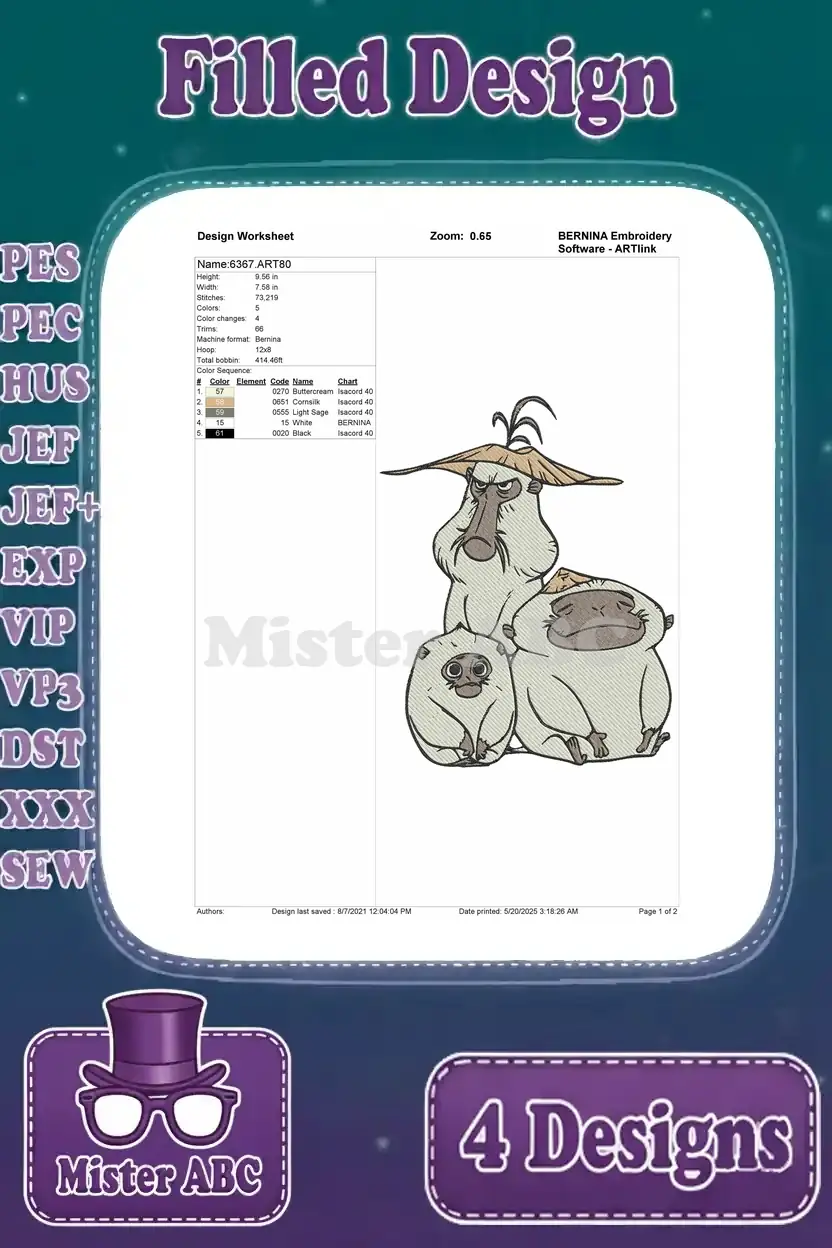 Design worksheet for the second embroidery pattern, featuring an Ongi family group with stitch and color data.