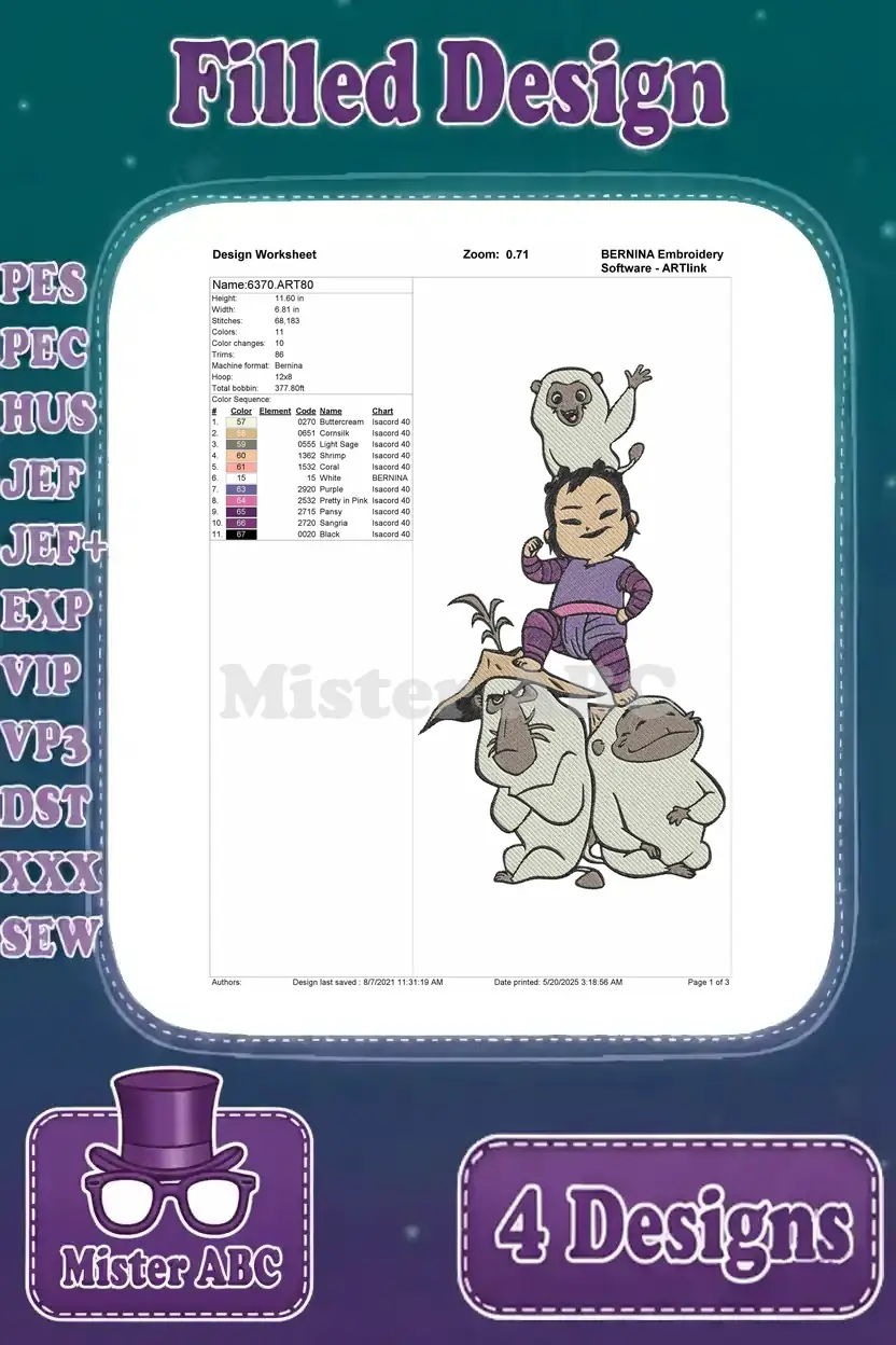 Detailed design worksheet for a filled embroidery of baby Boun, Ongis, and baby Tuk Tuk, showing 68,183 stitches.