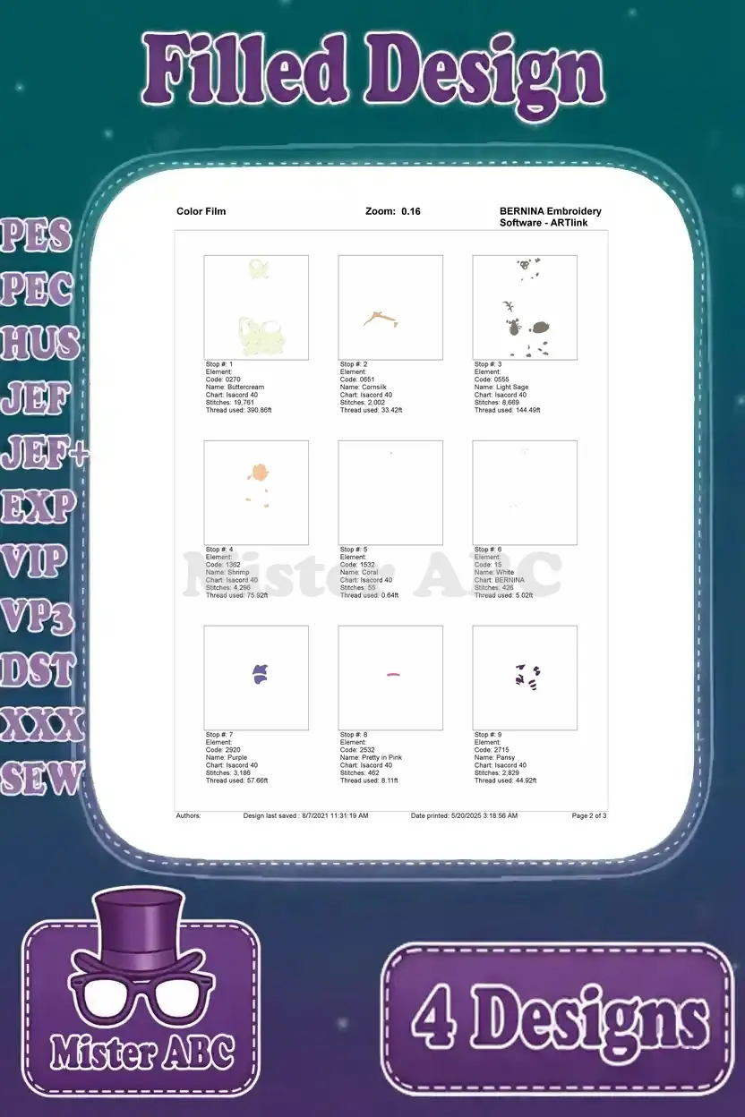 First page of the color film for the baby Boun, Ongis, and Tuk Tuk filled embroidery design, showing initial color stops.