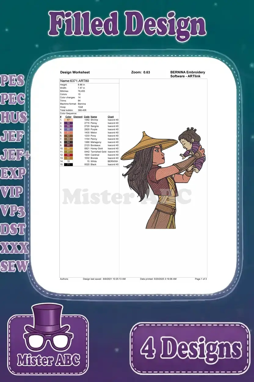 Detailed design worksheet for a filled embroidery of Raya holding baby Boun, showing 78,455 stitches and 15 colors.