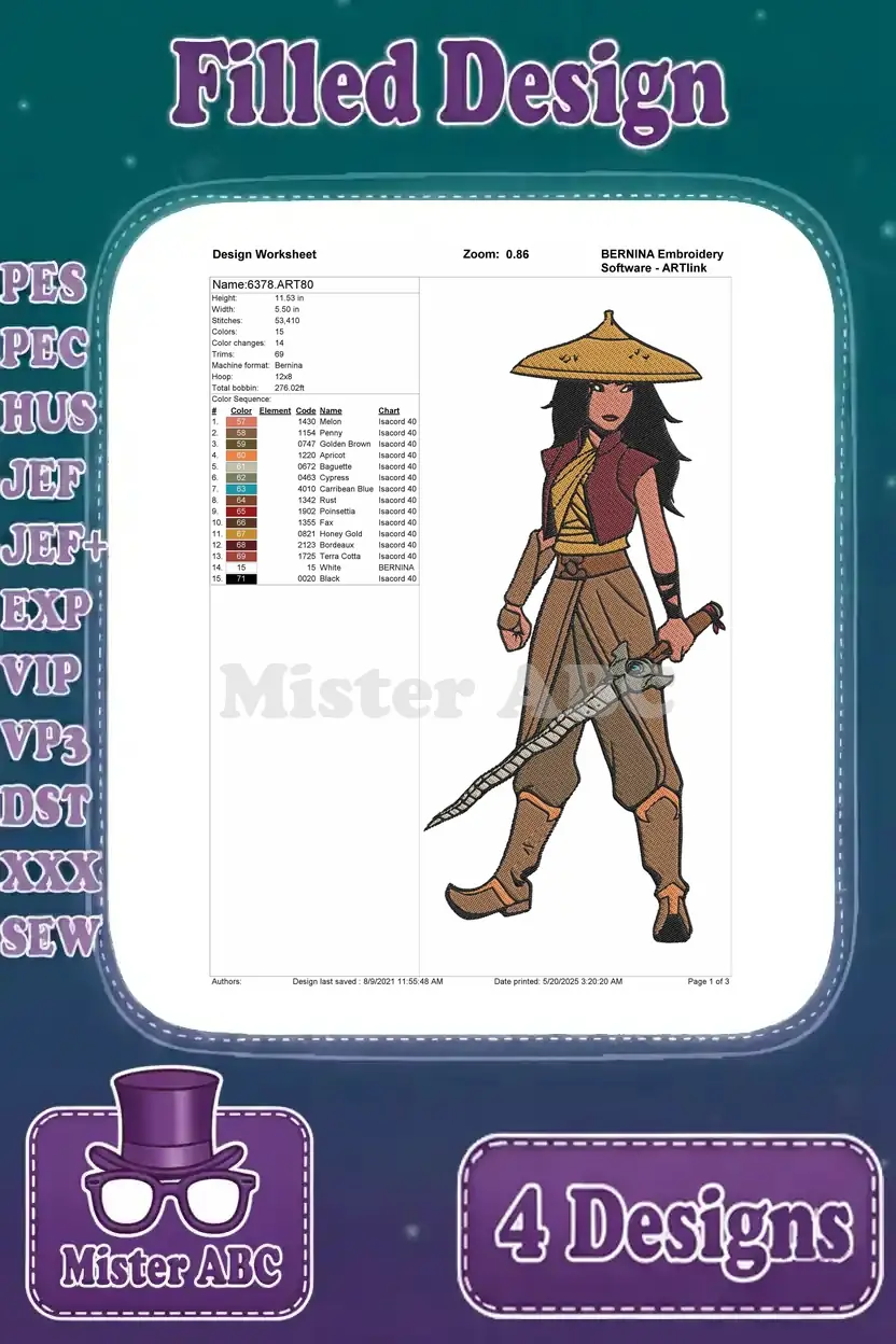 Detailed design worksheet for the Raya with sword embroidery, showing stitch count, color sequence, and thread types.