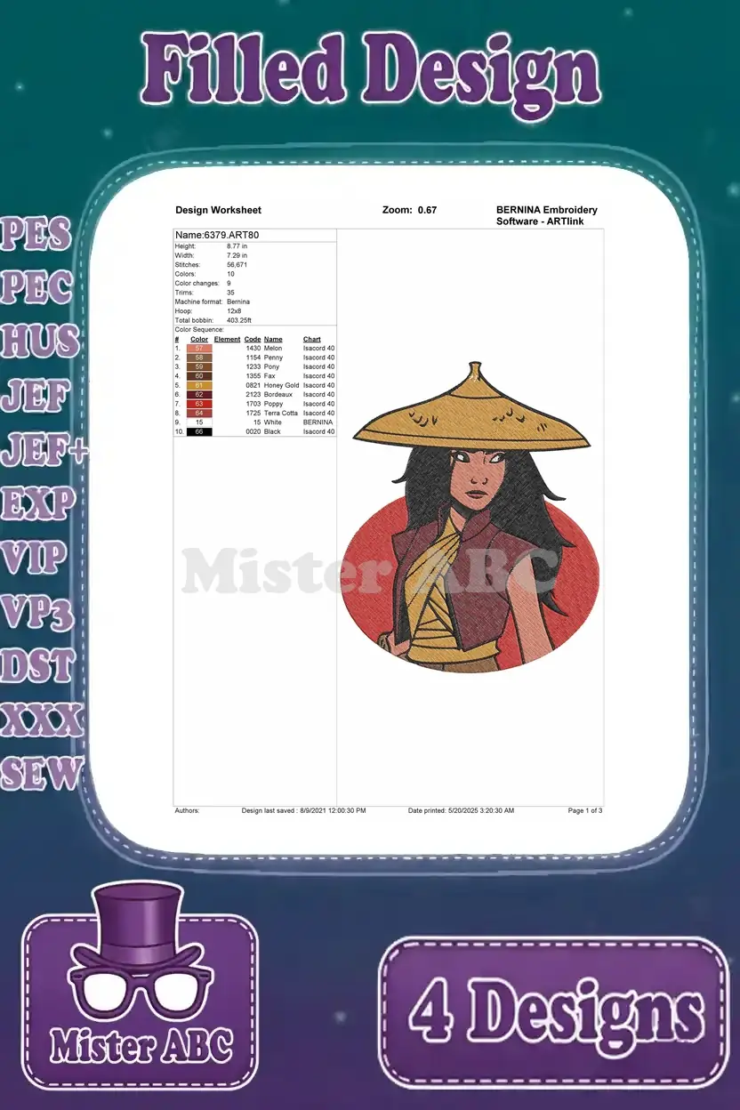 Design worksheet for the close-up Raya bust embroidery, detailing stitch count, color changes, and thread usage.