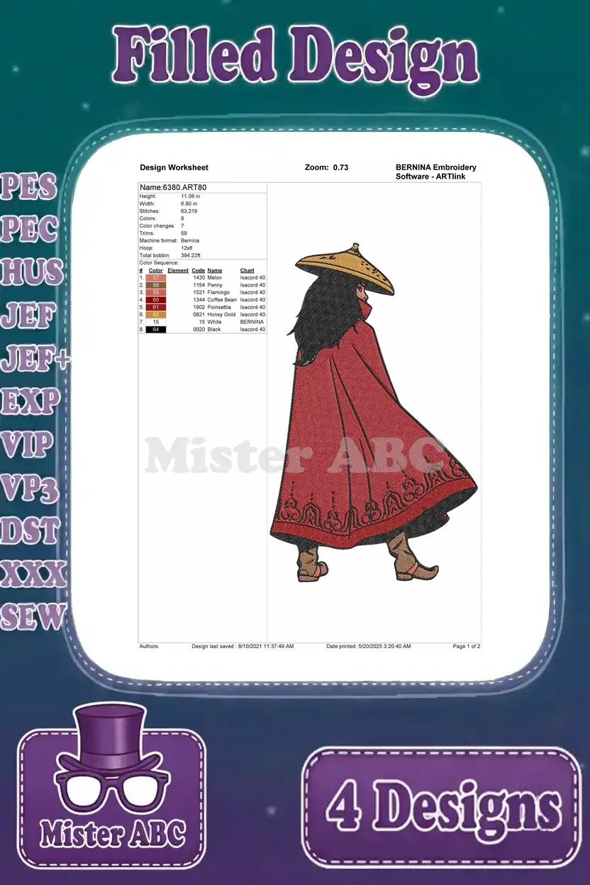 Design worksheet for Raya in her red cloak, detailing stitch count, color sequence, and thread specifications.