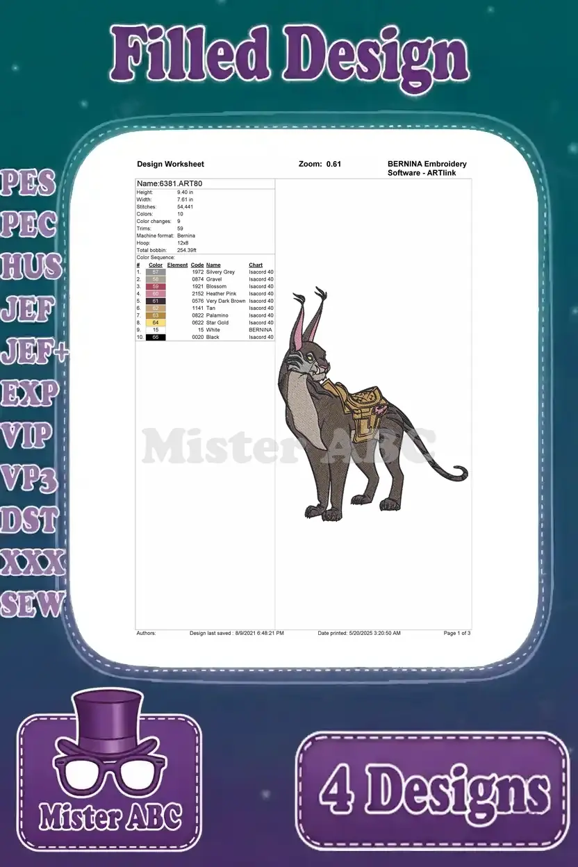 Design worksheet for the Tuk Tuk embroidery, showing stitch count, color changes, and essential thread details.