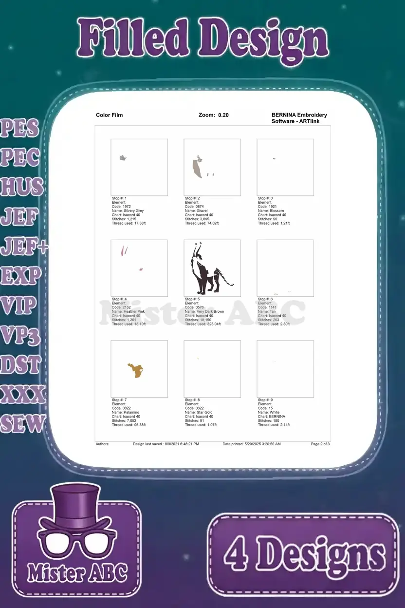 First page of the color film for the Tuk Tuk design, illustrating the initial stitch sequences and color fills.