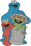 Sesame Street Muppets Elmo Waving Grover Hugging Elmo Cookie Monster In Trashcan - Filled Embroidery Design - 6423