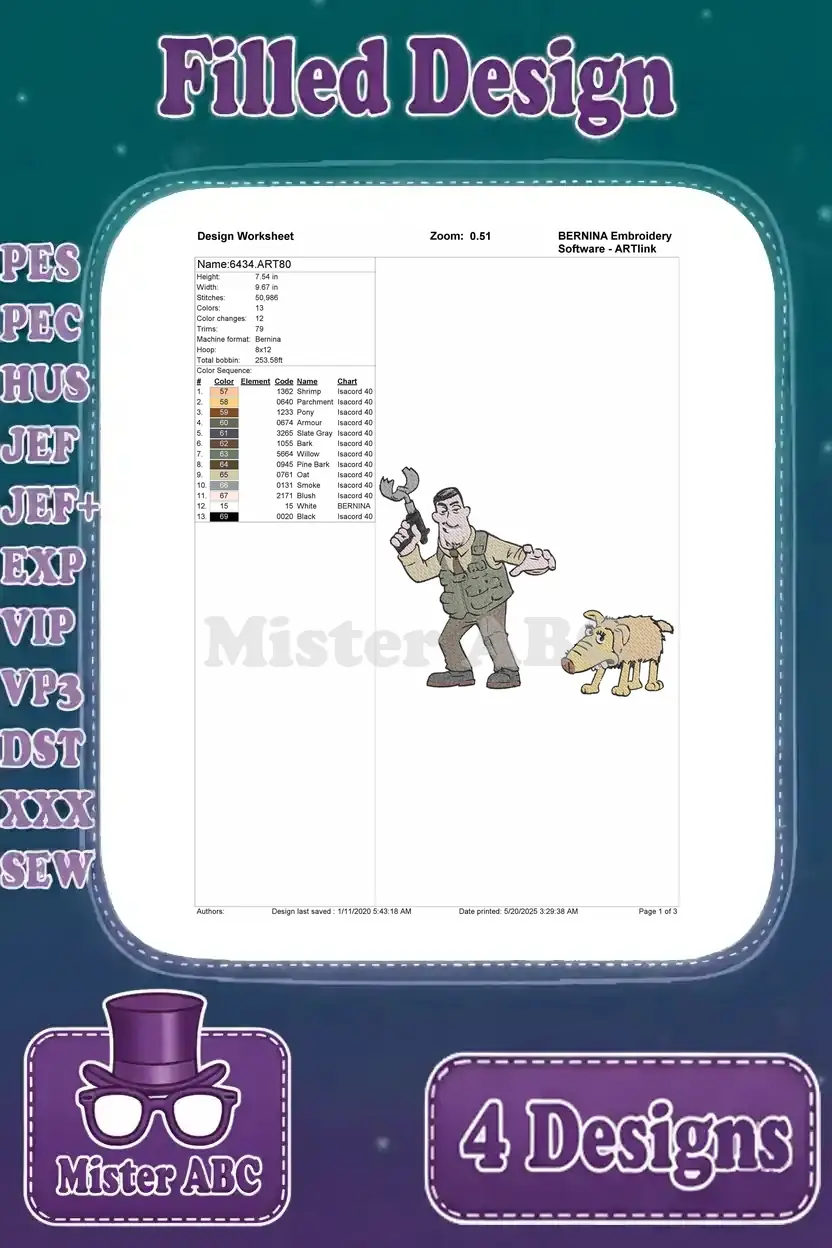 Embroidery worksheet for the farmer with an axe and Bitzer the dog design.