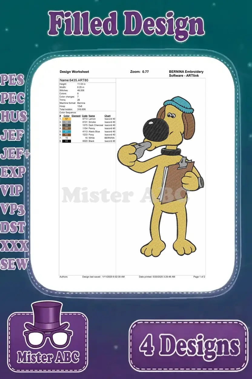 Embroidery worksheet for Bitzer the dog holding a whistle and clipboard design.