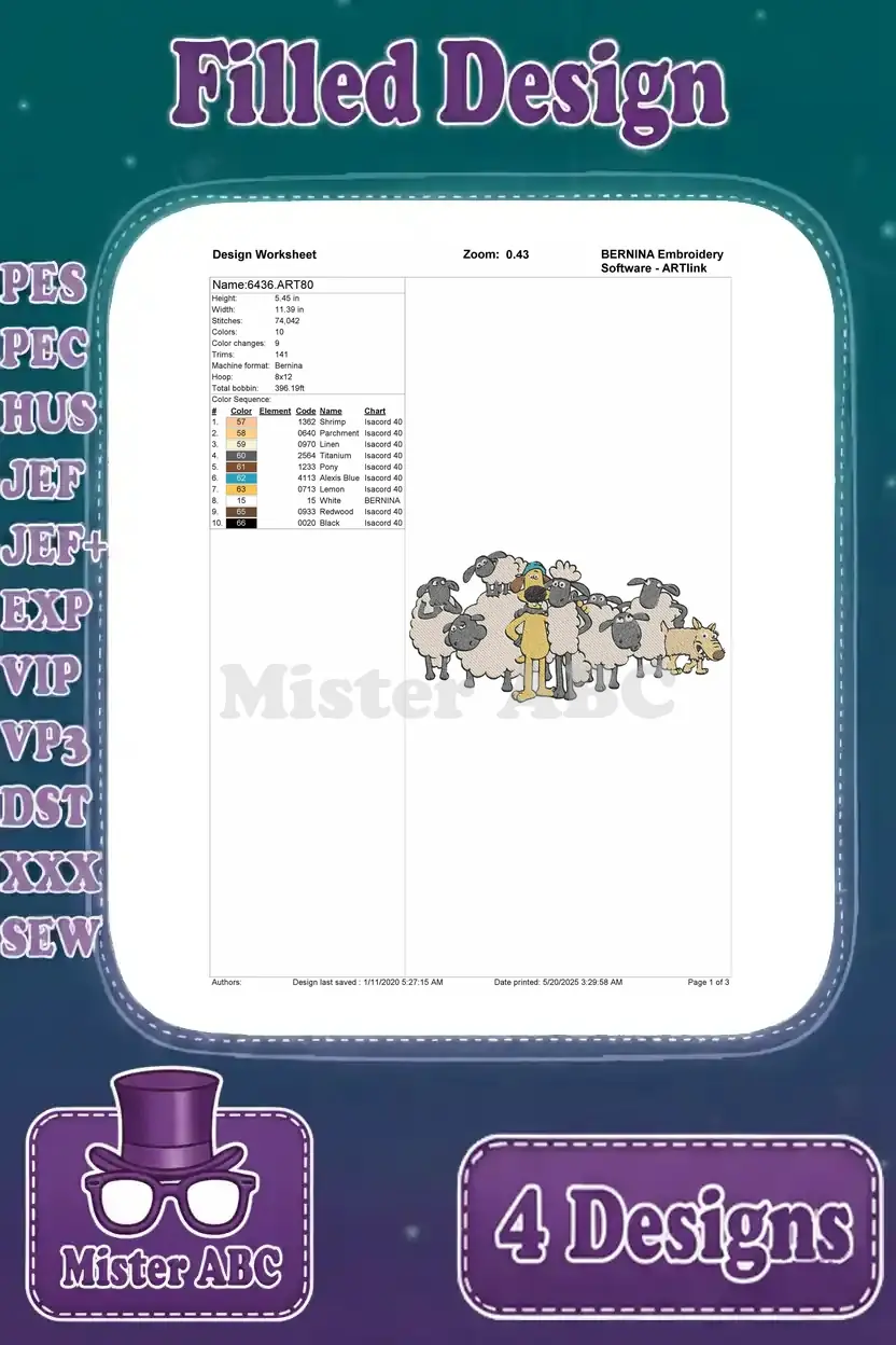 Embroidery worksheet for Bitzer the dog with a flock of sheep design.