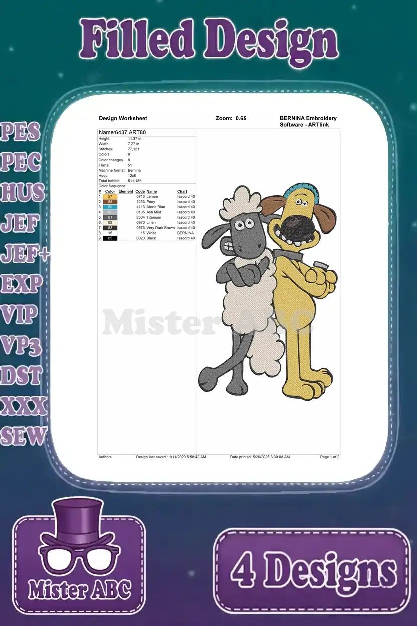 Detailed design worksheet for the Shaun the Sheep and Bitzer filled embroidery, showing stitch count and colors.