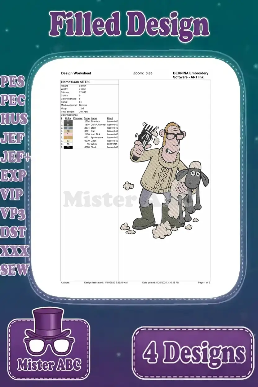 Detailed design worksheet for The Farmer and Shaun the Sheep filled embroidery, including stitch and color data.