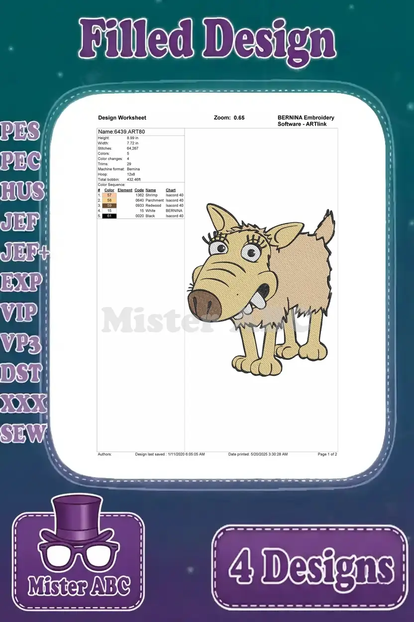 Detailed design worksheet for a playful Aardman-style dog filled embroidery, showing stitch data and colors.