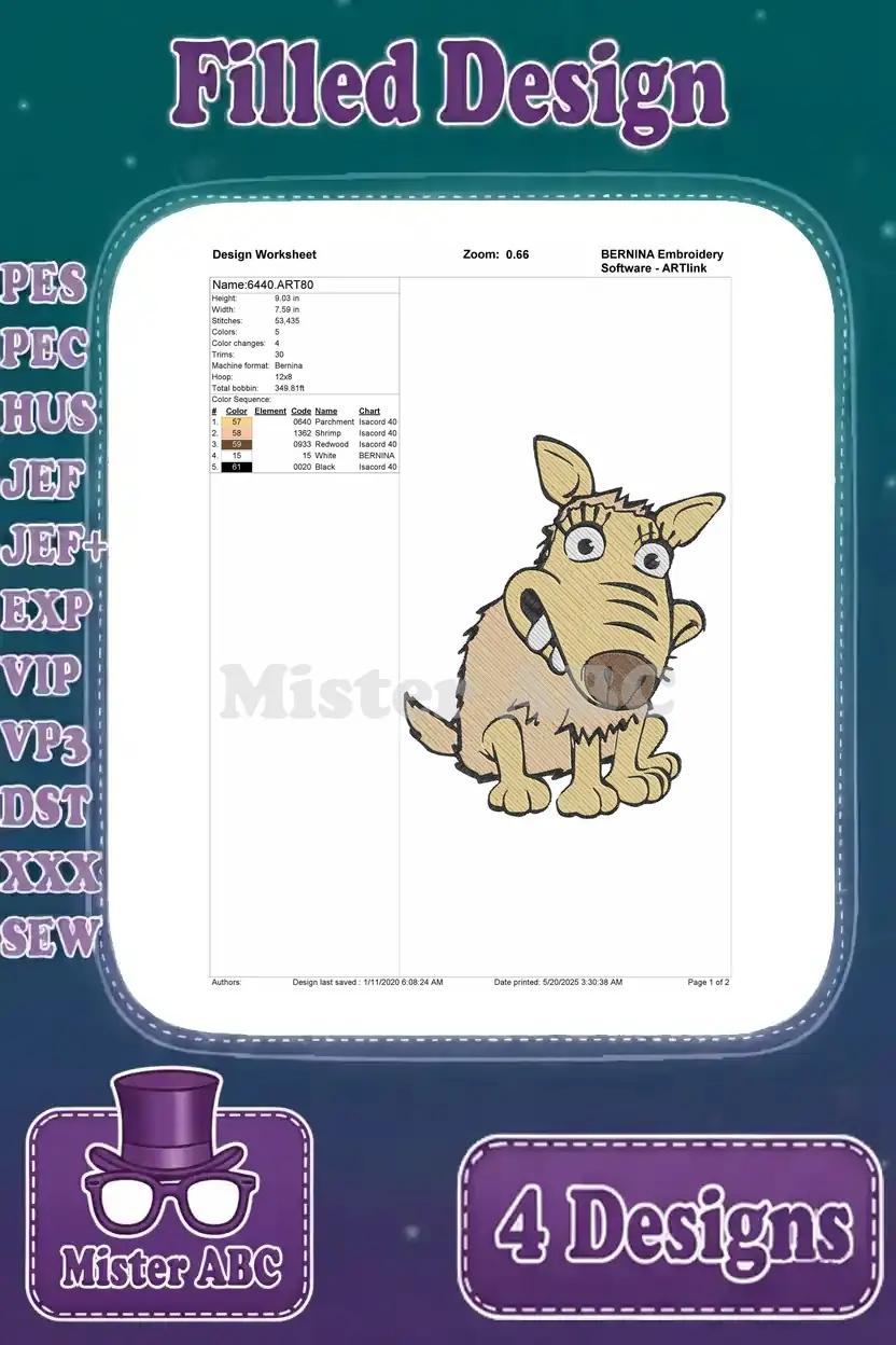Detailed design worksheet for another playful Aardman-style dog filled embroidery, with stitch and color data.