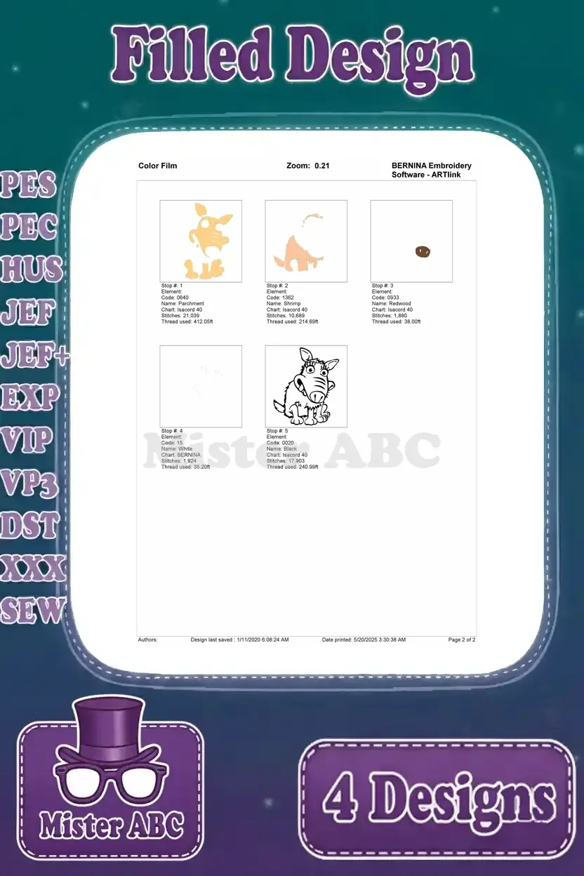 Color film breakdown for the Bitzer embroidery design, illustrating the stitching sequence and color stops.