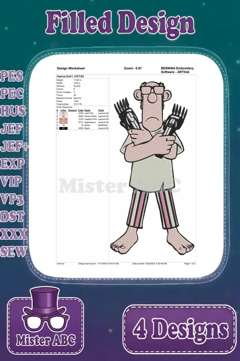 Design worksheet for the Farmer embroidery design, detailing thread colors, stitch count, and hoop size for accurate stitching.