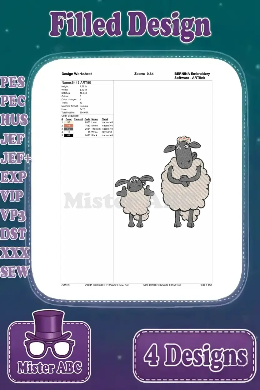 Design worksheet for the Shaun and Timmy embroidery design, detailing thread colors, stitch count, and hoop size.