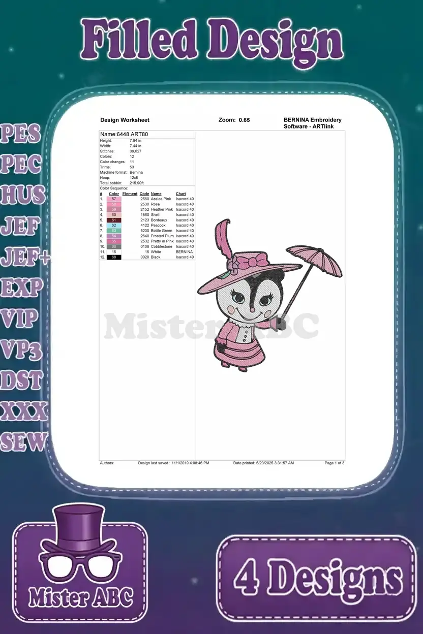 Detailed design worksheet for the adorable skunk holding an umbrella, listing stitch count, colors, and thread sequence.