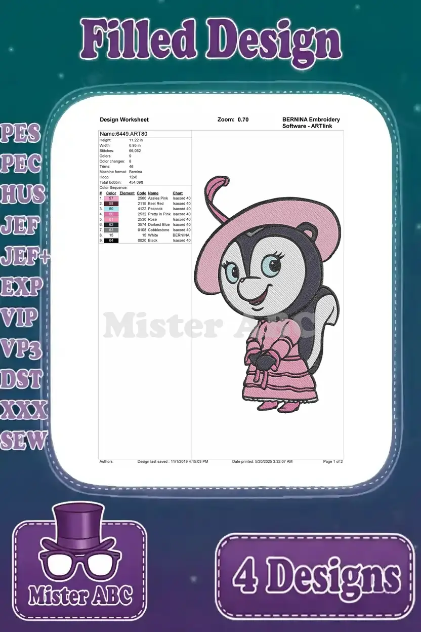 Detailed design worksheet for the standing skunk design, outlining stitch count, color information, and thread sequence.