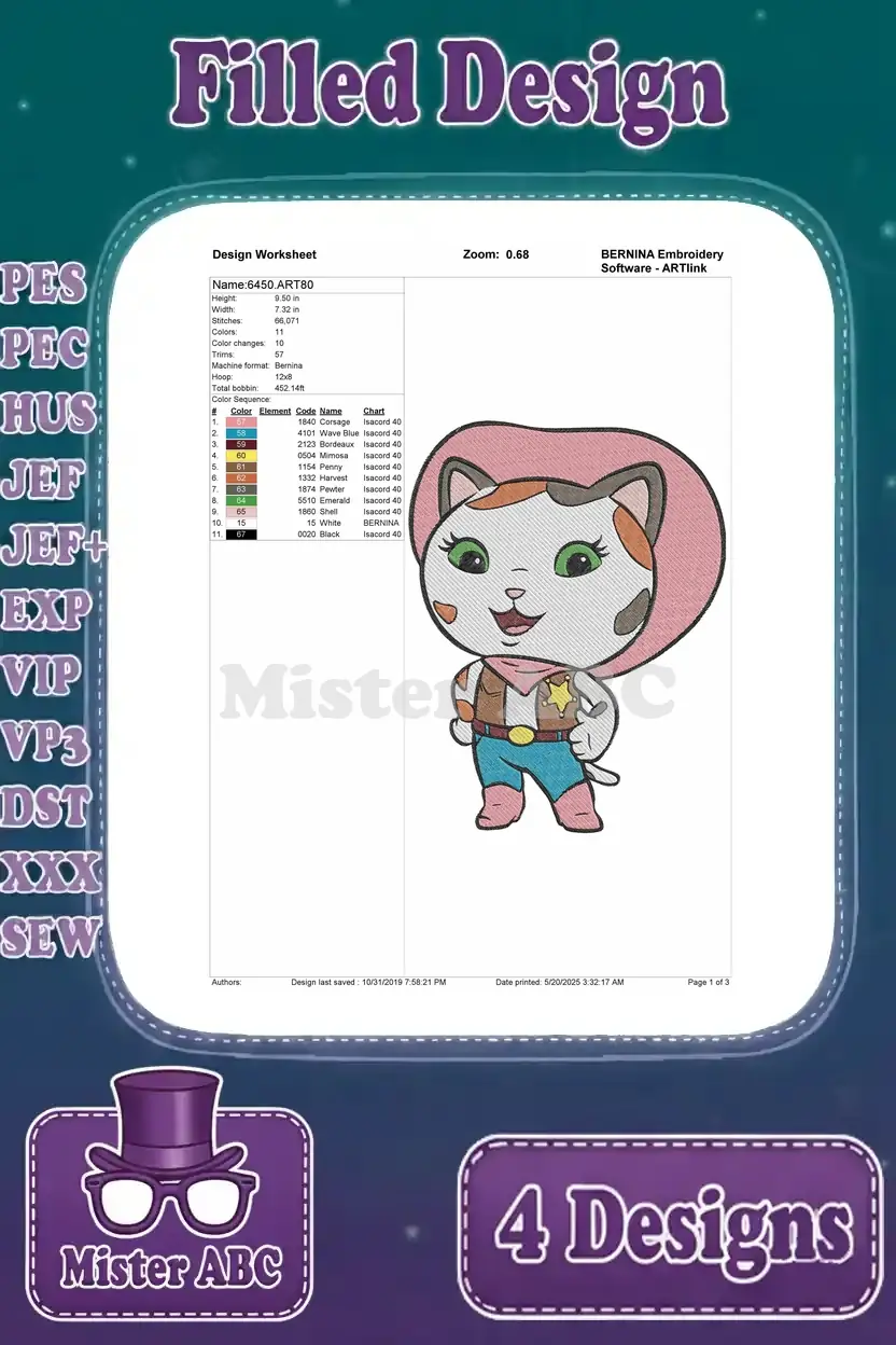 Detailed design worksheet for the cowboy cat with a sheriff badge, listing stitch count, colors, and thread sequence.