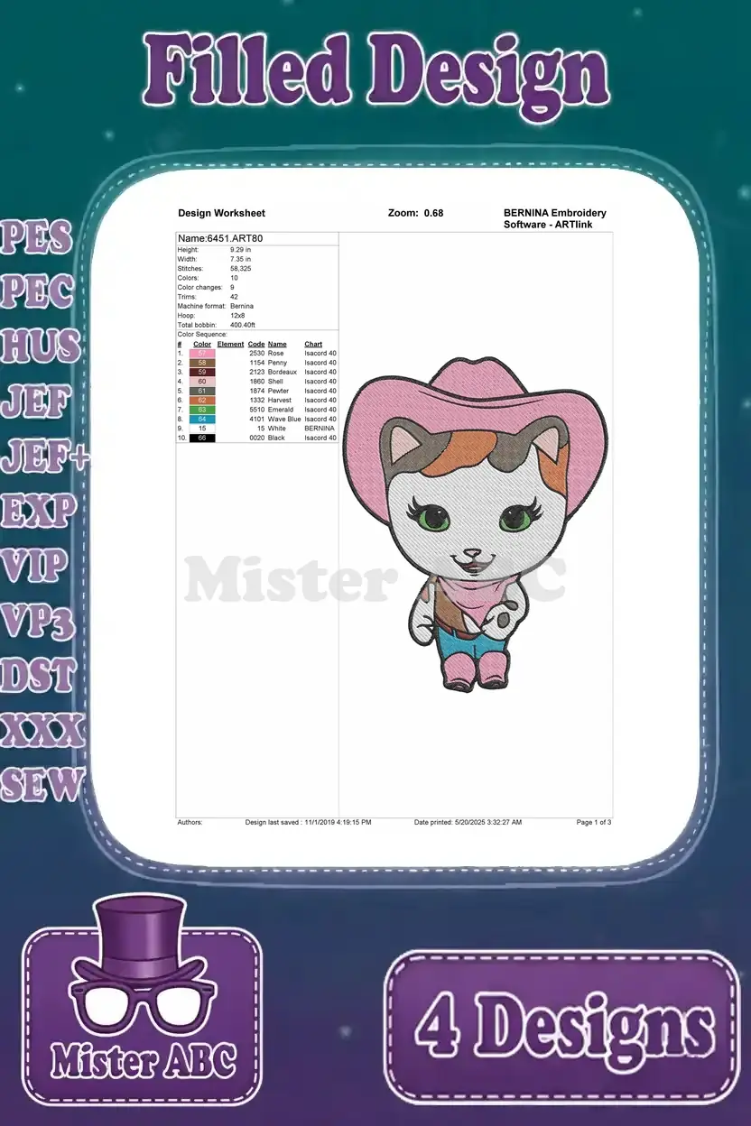Detailed design worksheet for the standing cowboy cat design, outlining stitch count, color information, and thread sequence.