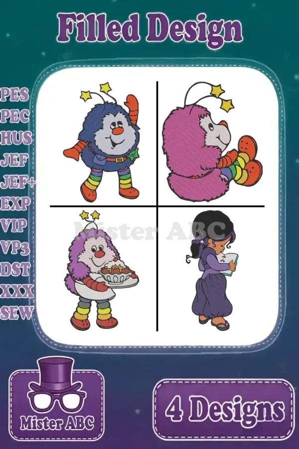 A vibrant framed display of four distinct filled embroidery designs: three cheerful Wuzzle-style creatures and a graceful princess.