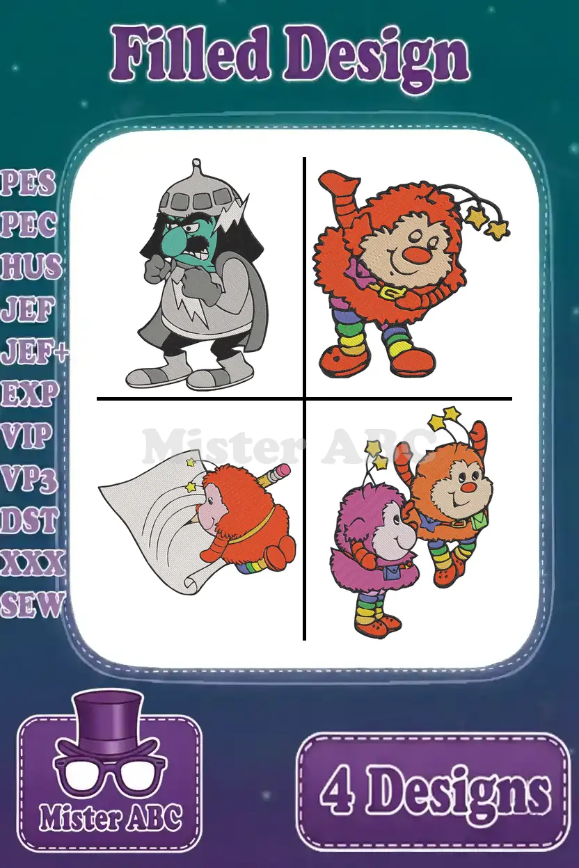 An overview of four vibrant, filled embroidery designs featuring Glo Friends characters, including Stingo, Glo Worm, and Glo Snugbug.