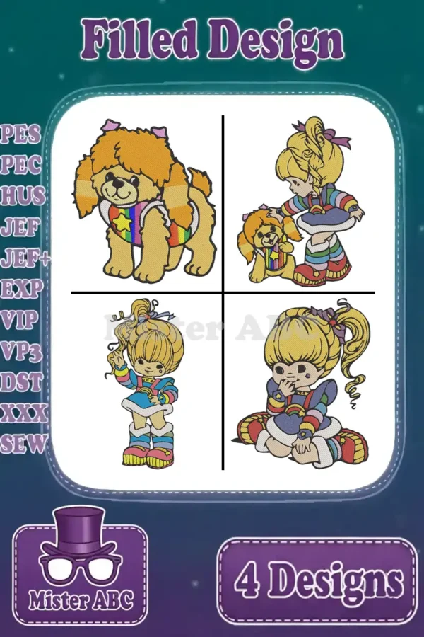 A vibrant collage showcasing four filled embroidery designs of Rainbow Brite and Puppy Brite in various poses, with supported file formats listed.
