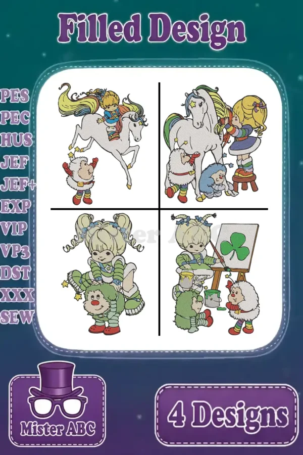 Four vibrant filled embroidery designs featuring a whimsical blonde girl, a majestic unicorn, and cute fantasy creatures in various playful scenes.