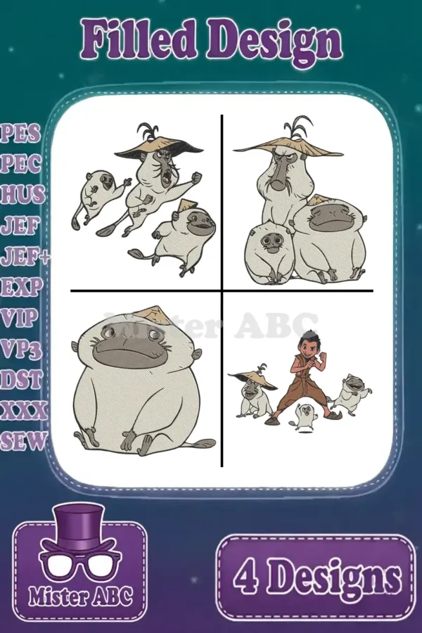 Four detailed filled embroidery designs featuring Boun and the Ongis from Raya and the Last Dragon, ready for stitching.