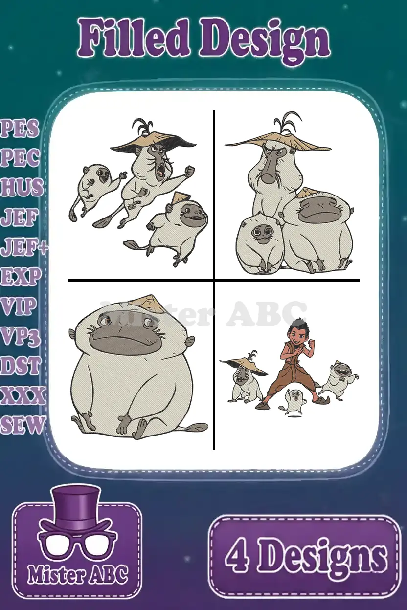 Four detailed filled embroidery designs featuring Boun and the Ongis from Raya and the Last Dragon, ready for stitching.