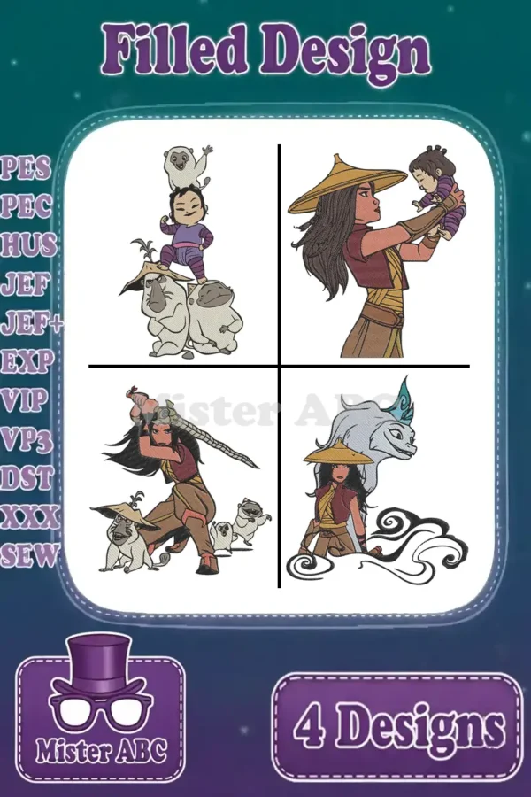 A grid of four vibrant filled embroidery designs featuring animated characters from Raya and the Last Dragon, ready for various formats.