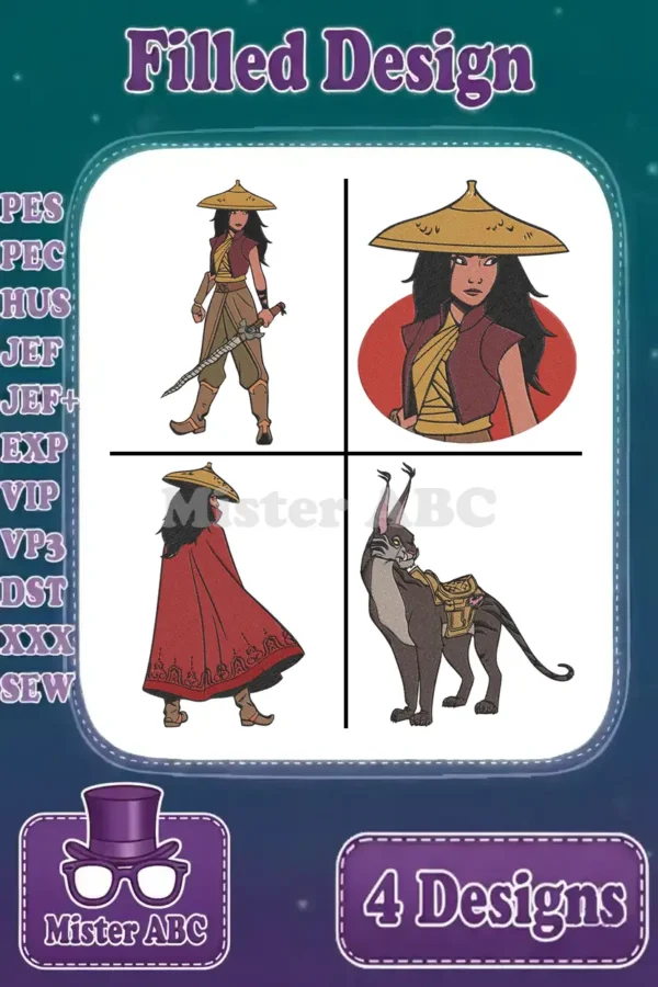 A vibrant display of four filled embroidery designs: Raya with sword, Raya bust, Raya in cloak, and Tuk Tuk.