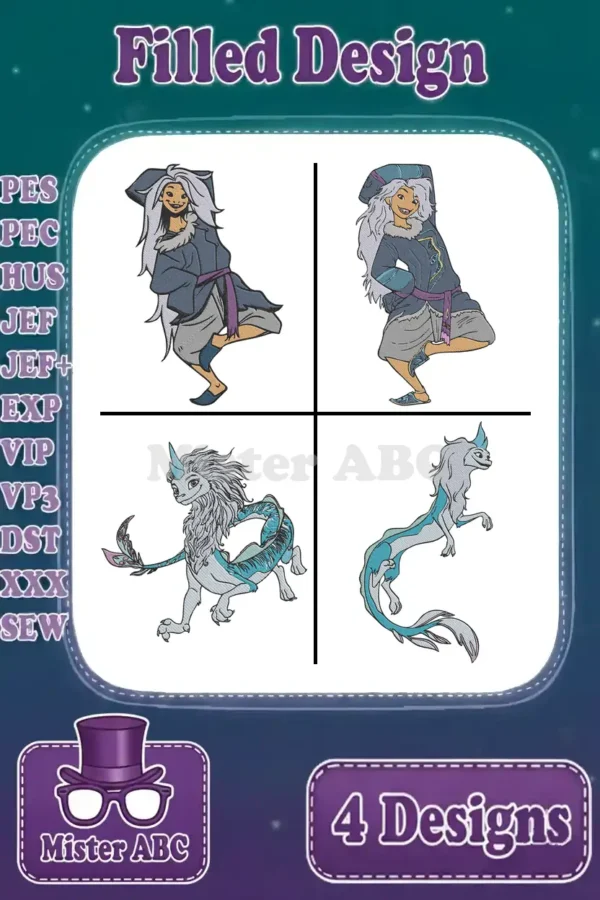 A vibrant showcase of four filled embroidery designs featuring Raya and Sisu in different poses, ready for crafting.