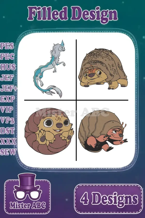 Four vibrant filled embroidery designs: Sisu, adult Tuk Tuk, baby Tuk Tuk, and an Ongi, ready for stitching.