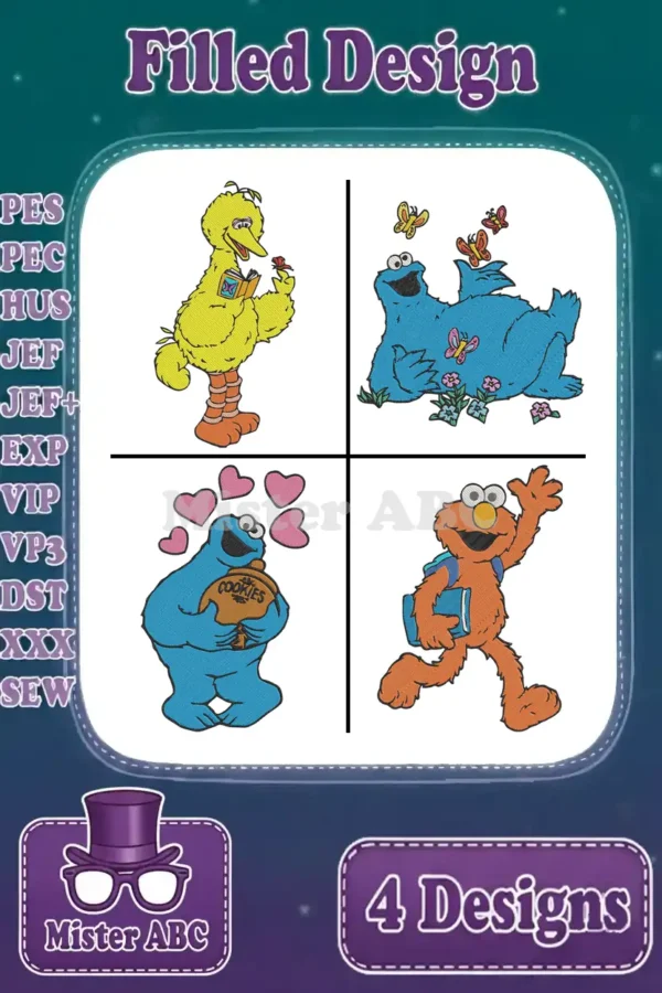 Vibrant filled embroidery designs of Big Bird, two Cookie Monsters, and Elmo. A delightful Sesame Street character bundle for all ages.