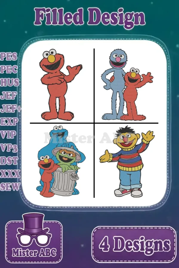 A vibrant bundle of four filled Sesame Street embroidery designs featuring Elmo, Grover, Cookie Monster, Oscar, and Bert.